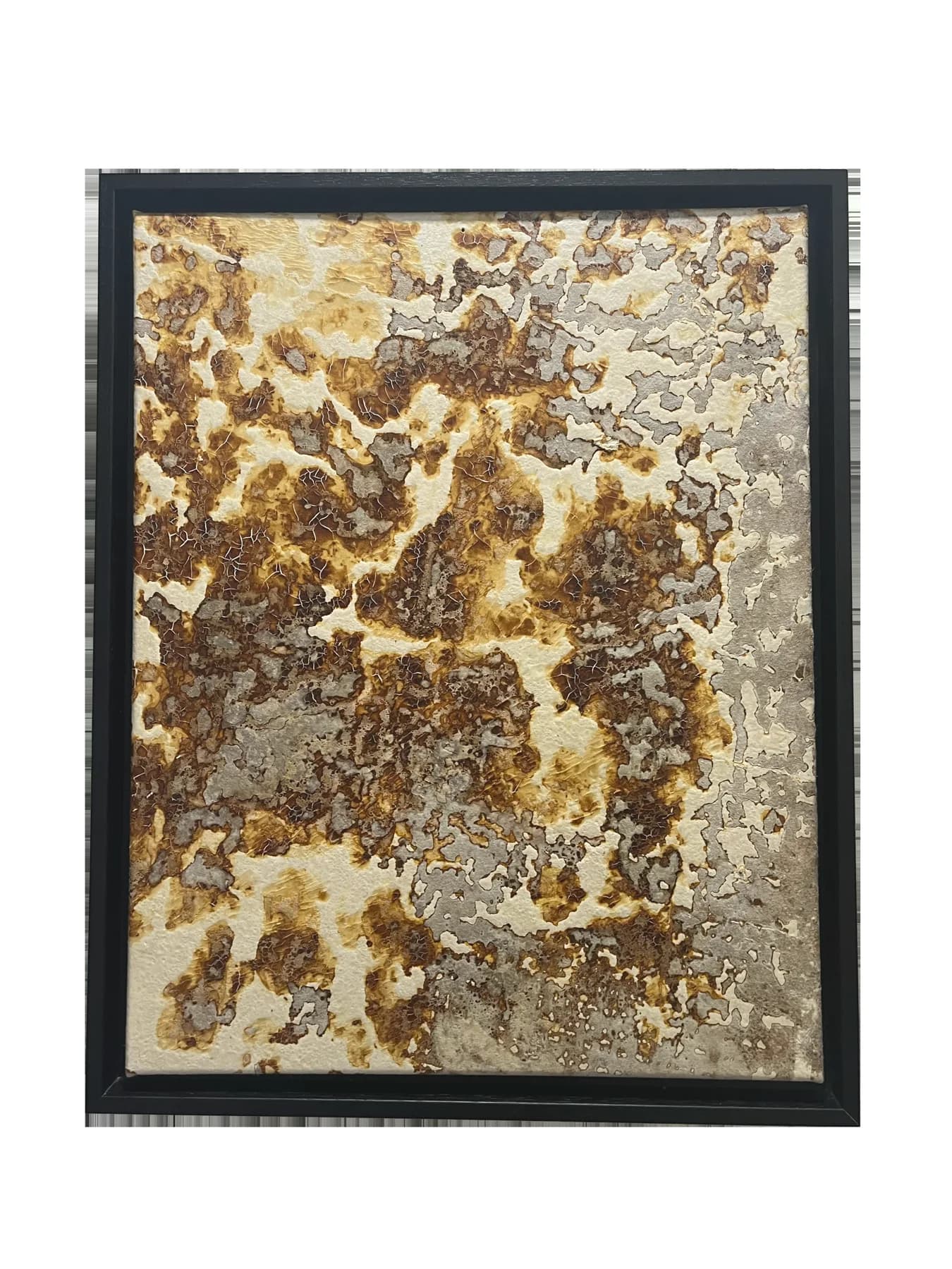 Black-framed panel with an all-over mottled pattern of ochre, rust and silver-grey.