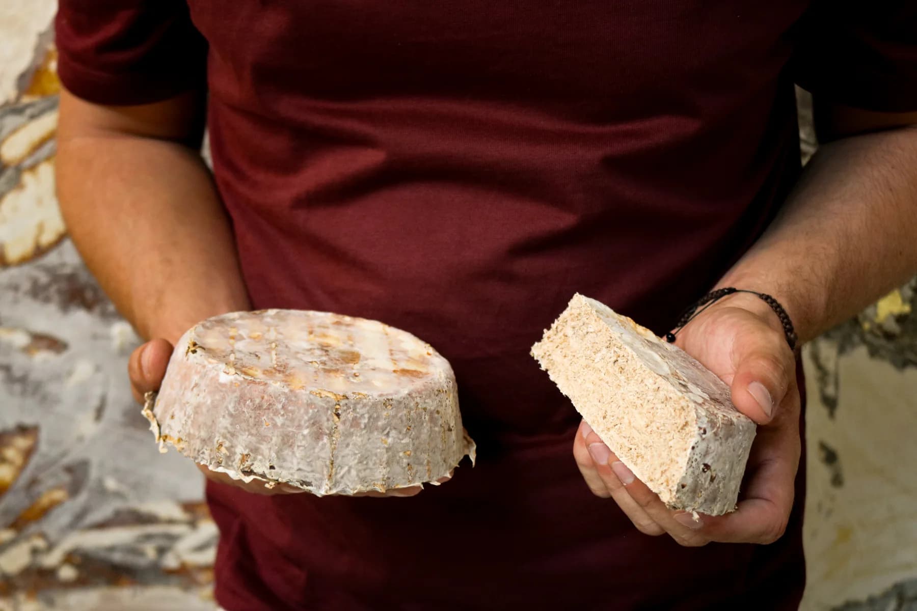Hands holding a round grown disc and a rectangular grown block, both cream and fibrous.