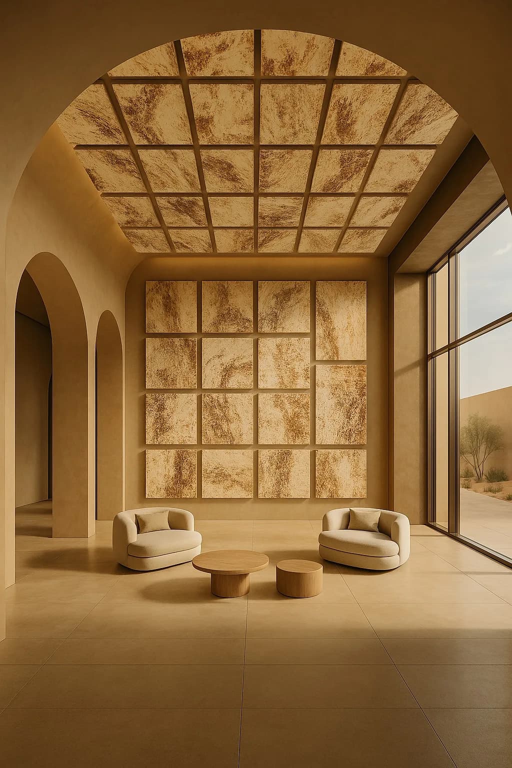Rendered interior, not a photograph: a vaulted room with a grid of Fungal Art panels on the ceiling and back wall, two armchairs and low tables.