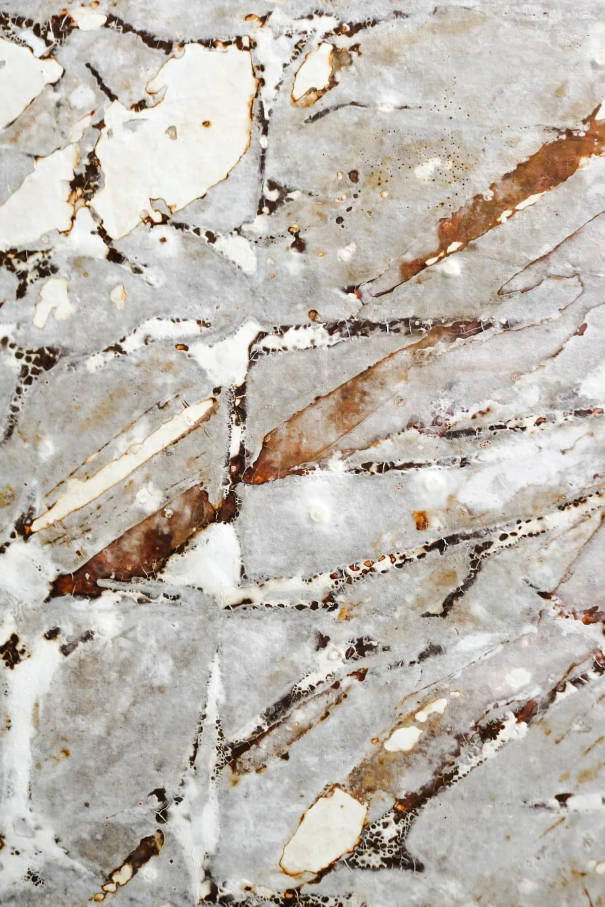 Close-up of a grey-white surface broken into angular fragments outlined in rust.
