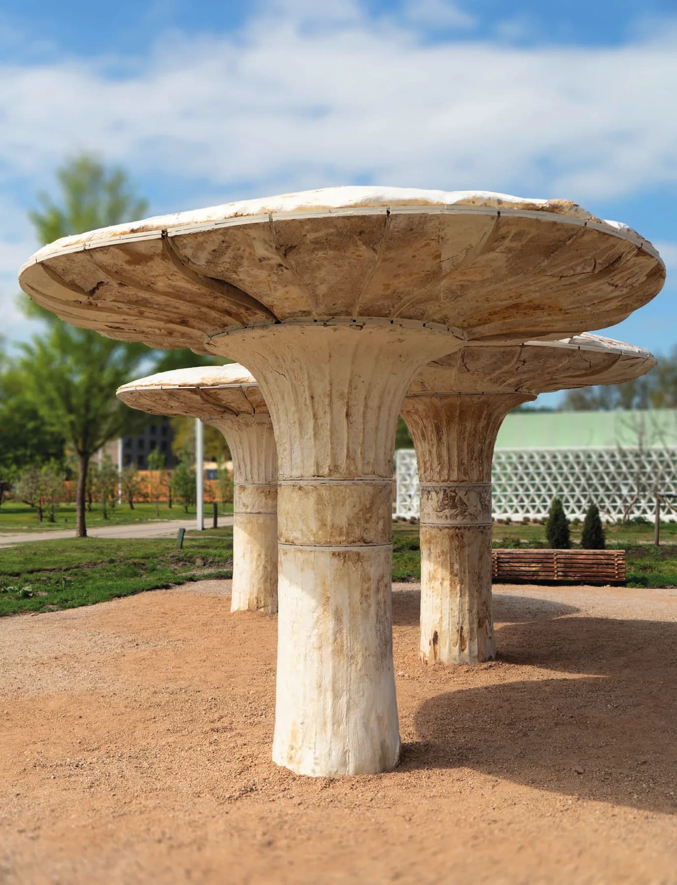 Three mushroom-shaped grown structures with broad caps on tall columns, standing on sand among young trees.