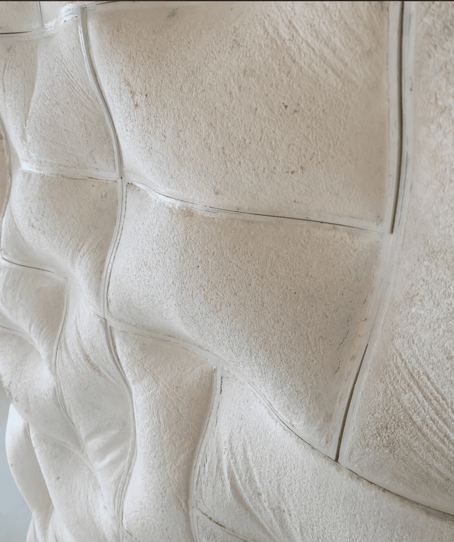 Close view of the softly folded mycelium wall surface developed for Beyond Chrysant