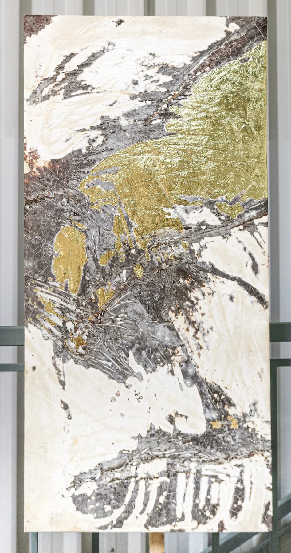 Vertical Fungal Art Series panel: silver-grey grown relief on white, with a large field of gold leaf in the upper right.