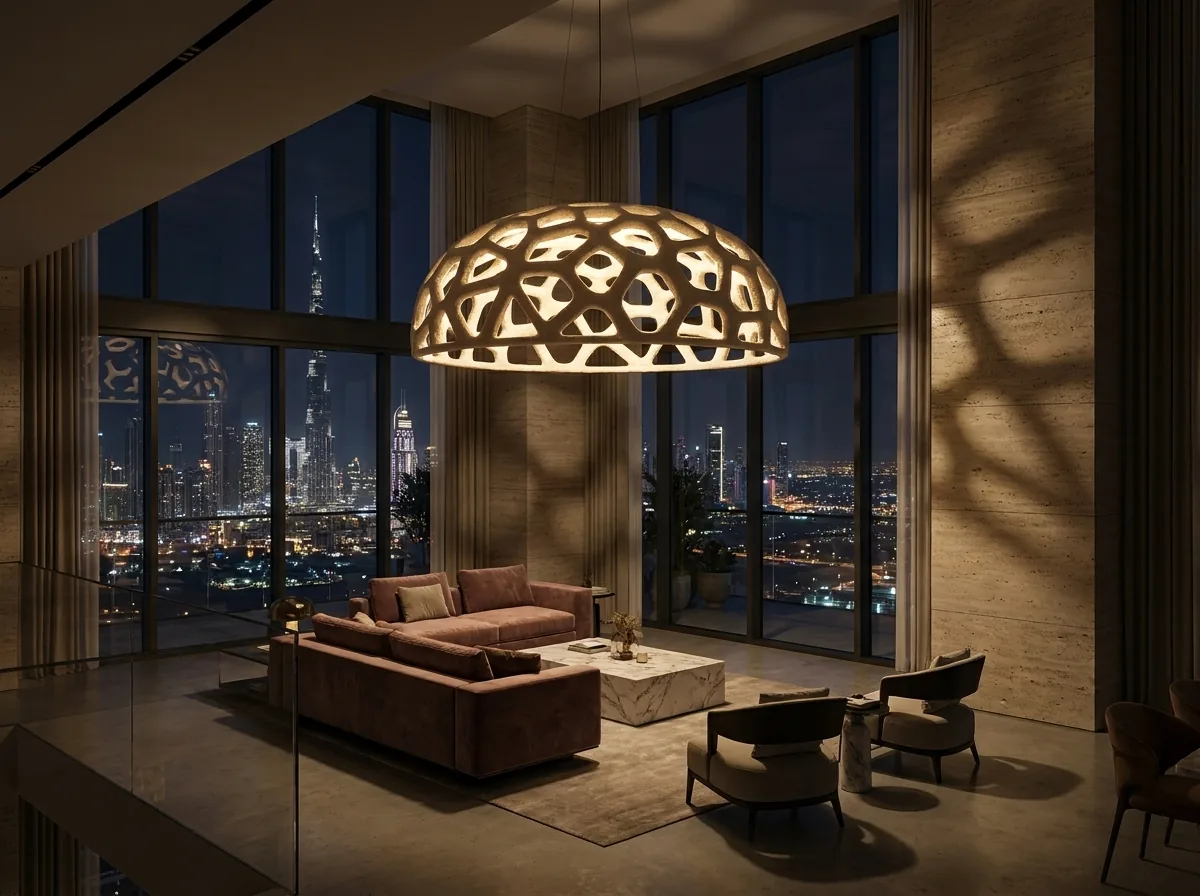 Mushroomiya casting a patterned glow across an interior (visualisation)
