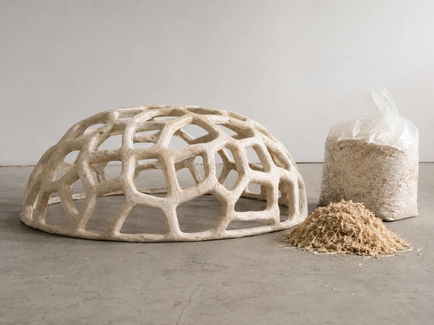 Mushroomiya shell shown with feedstock and inoculated material (visualisation)